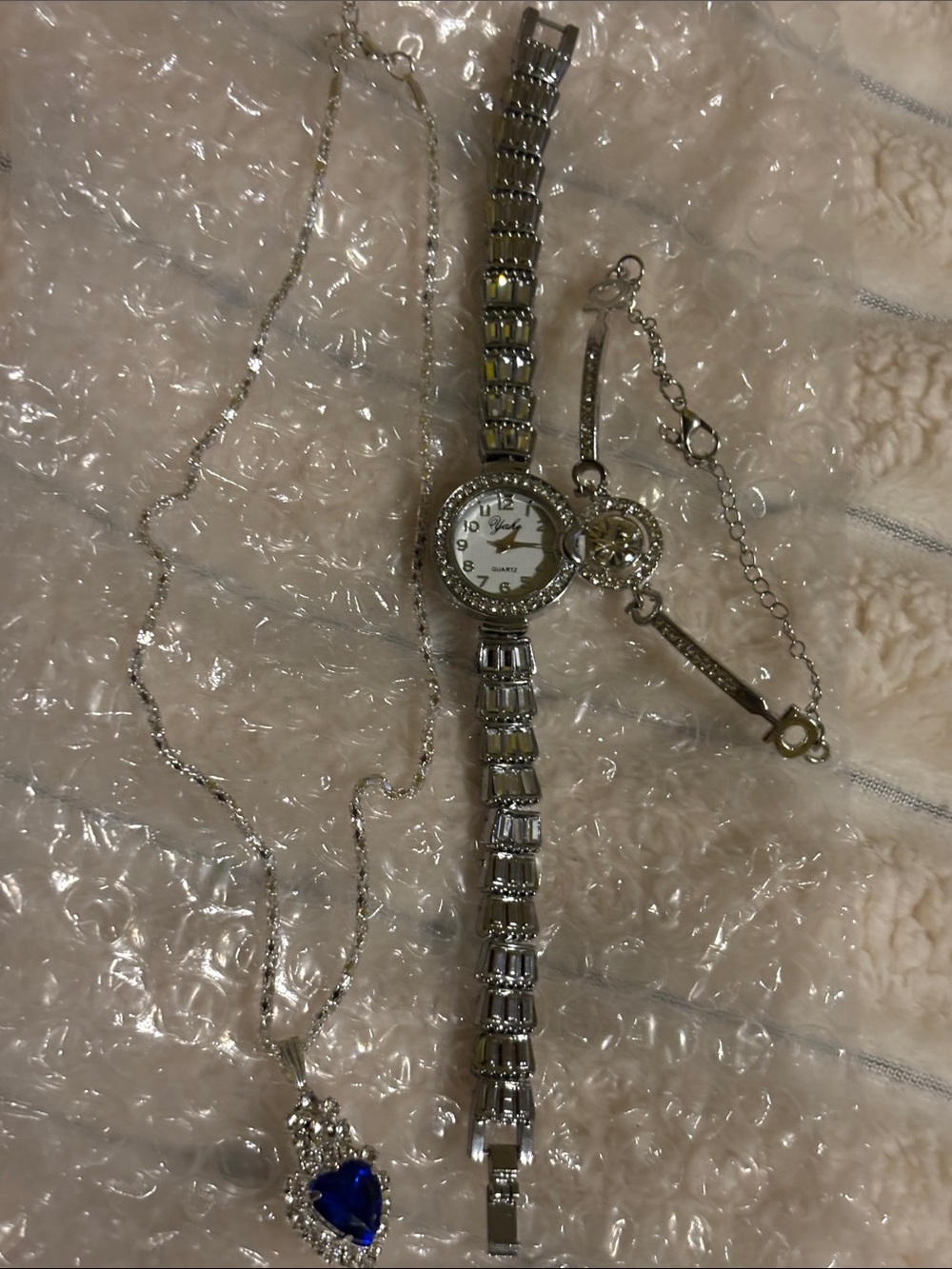 3 set Silver-Tone Women's Bracelet Watch with Blue Heart Pendant Necklace